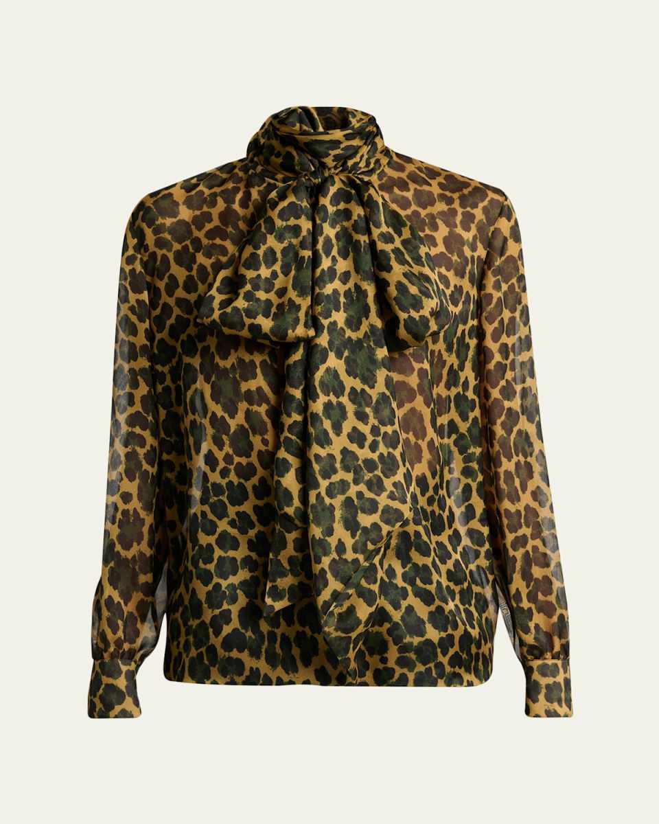 Leopard Silk Chiffon Bow-Neck Blouse